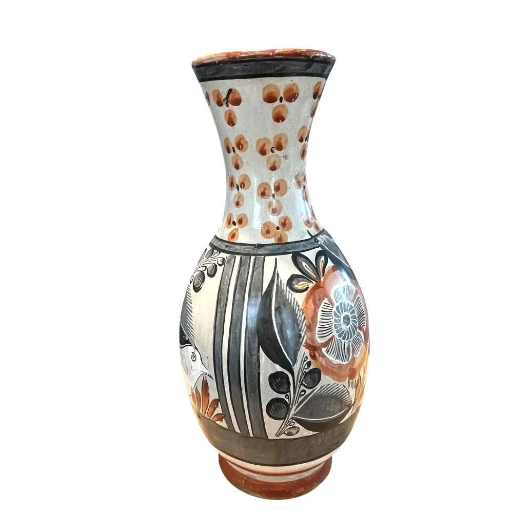 Tonala Oil Water Vase Jug Vintage Signed Solis Rustic Mexican Birds Plants Retro - Picture 9 of 14